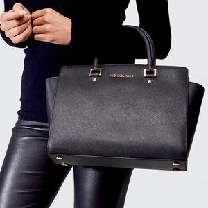 Black Selma Large Saffiano Leather Satchel